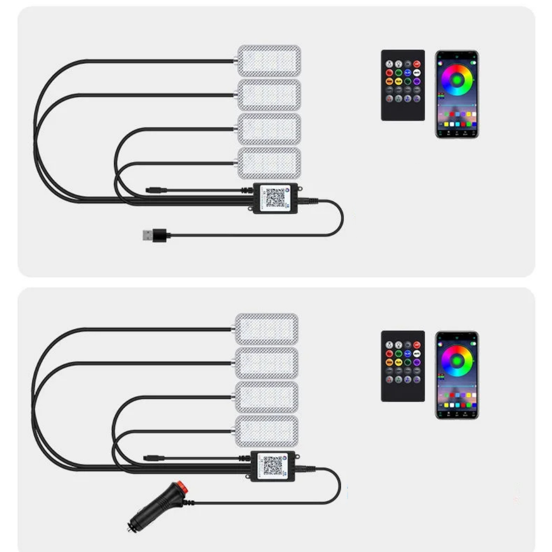 Set 4 Lumini Ambientale RGB auto, control prin telecomanda, 12 LED, Multicolor