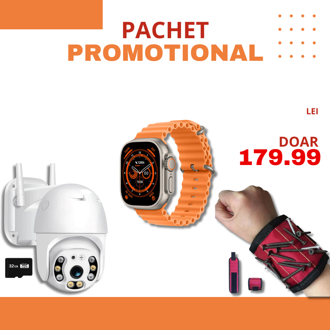 PACHET PROMOTIONAL | Camera Smart IP Wireless 4K + Ceas inteligent SmartWatchPlus + Bratara Magnetica de Incheietura