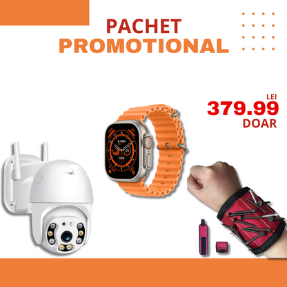 PACHET PROMOTIONAL | Camera Smart IP Wireless 4K + Ceas inteligent SmartWatchPlus + Bratara Magnetica de Incheietura