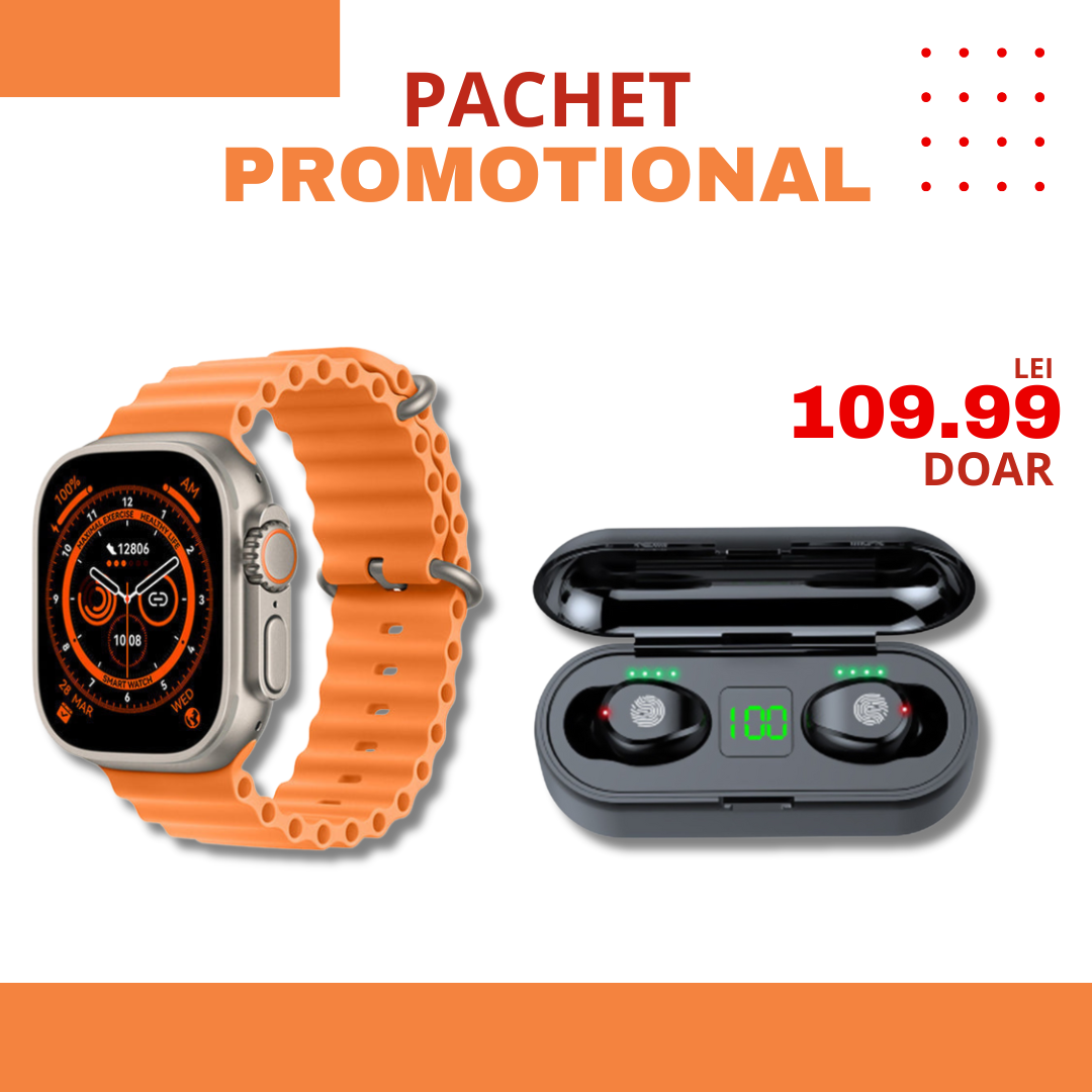 PACHET PROMOTIONAL | Ceas inteligent SmartWatchPlus + Casti Wireless inteligente