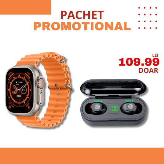 PACHET PROMOTIONAL | Ceas inteligent SmartWatchPlus + Casti Wireless inteligente