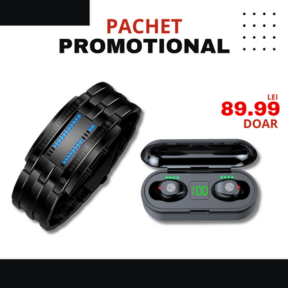 PACHET PROMOTIONAL | Ceas cu LED stil Bratara + Casti Wireless inteligente